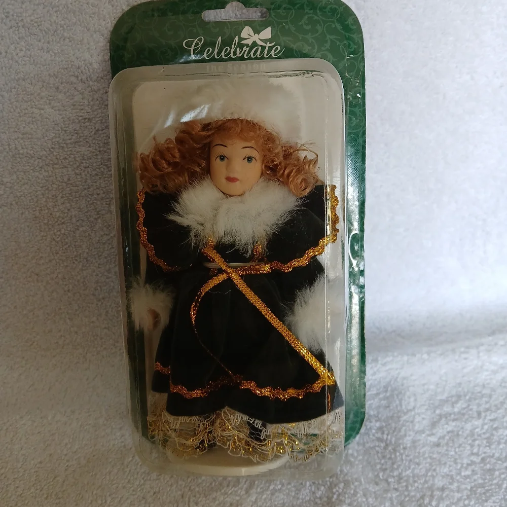 Celebrate Holiday Angel 5 1/2 Inch Hand Painted Bisque Porcelain Doll Sears 2002